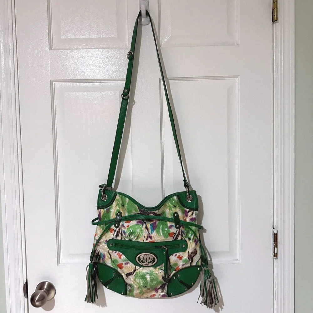 Sharif Studio Green Leather Sequin Floral Hobo Bag Tassel Crossbody Multi-Color